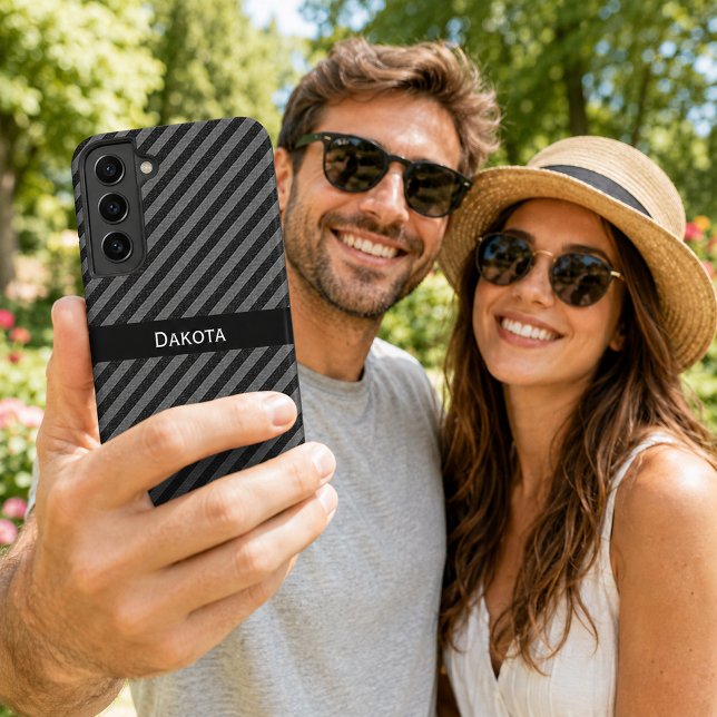 Custom Name Black & Grey Textured Diagonal Stripes Samsung Galaxy S22+ Case (Custom Name Black & Gray Textured Diagonal Stripes Samsung Galaxy Case)