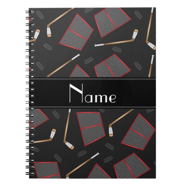 Custom name black hockey sticks pucks nets notebook (Front)