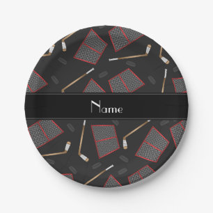 Custom name black hockey sticks pucks nets paper plate