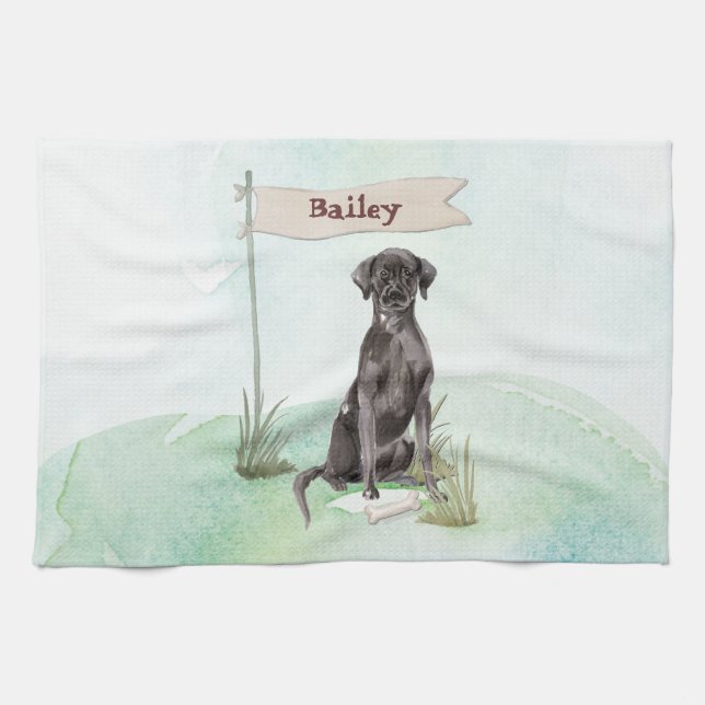 Custom Name Black Lab Pet Dog Tea Towel (Horizontal)