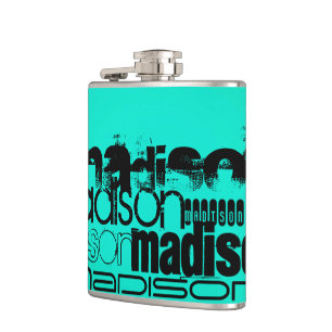 Custom Name; Black & Neon Aqua Turquoise Hip Flask