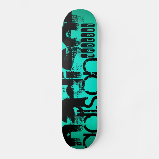 Custom Name; Black &  Neon Aqua Turquoise Skateboard (Front)