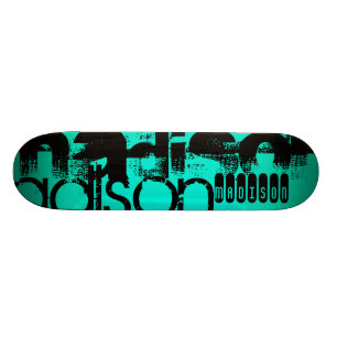 Custom Name; Black &  Neon Aqua Turquoise Skateboard