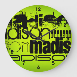 Custom Name; Black & Neon Chartreuse Yellow Green Large Clock
