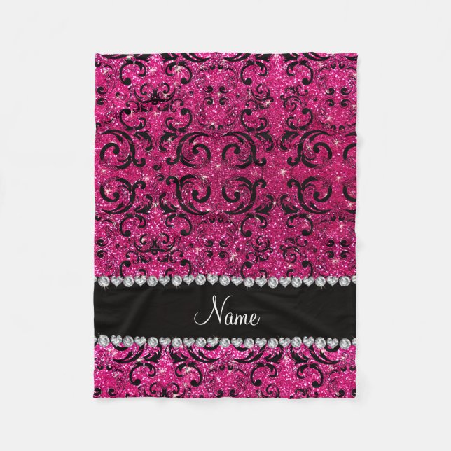 Custom name black neon hot pink glitter damask fleece blanket (Front)