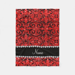 Custom name black neon red glitter damask fleece blanket