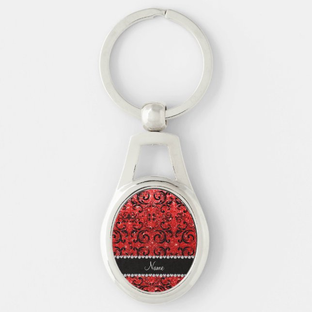 Custom name black neon red glitter damask key ring (Front)