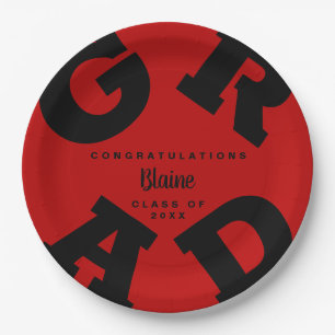 Custom Name Black on Scarlet Red Graduation Paper Plate