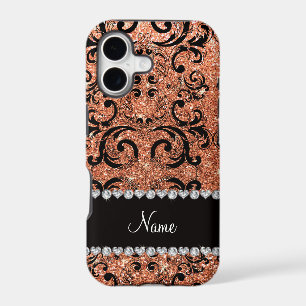 Custom name black pastel orange glitter damask