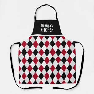Custom Name Black Red Harlequin Diamond Pattern Apron