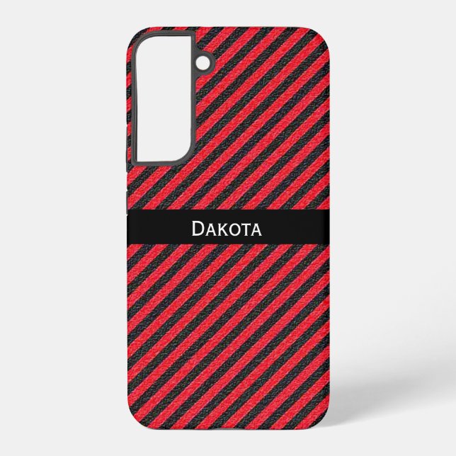 Custom Name Black & Red Textured Diagonal Stripes Samsung Galaxy S22+ Case (Back)