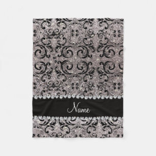 Custom name black silver glitter damask fleece blanket