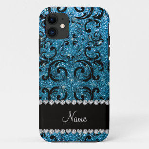 Custom name black sky blue glitter damask iPhone 11 case