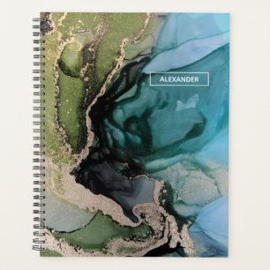 Custom Name Black Teal Green Gold Abstract Art Planner