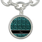 Custom name black turquoise glitter swirls