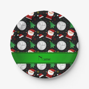Custom name black volleyball christmas pattern paper plate