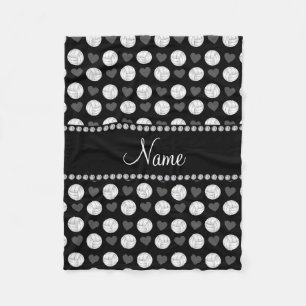 Custom name black volleyballs and hearts fleece blanket