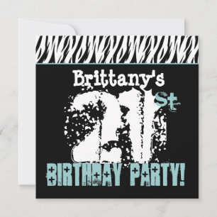Custom Name Black White Aqua Zebra 21st Birthday Invitation