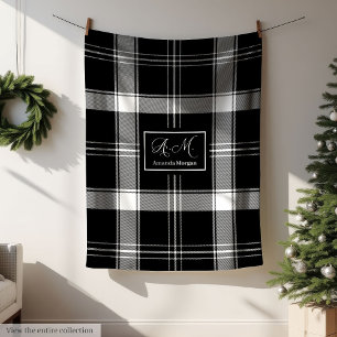 Custom Name Black White Buffalo Plaid Men's Gift Fleece Blanket