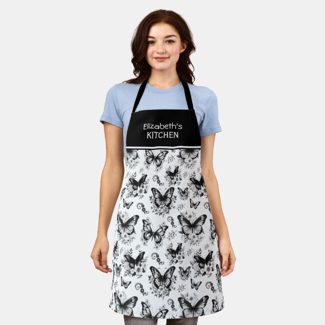 Custom Name Black White Butterfly Pattern Apron (Worn)