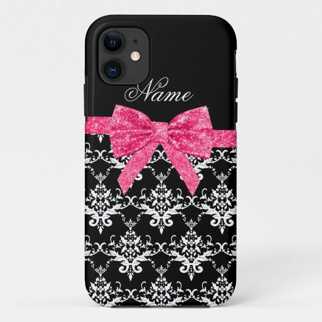 Custom name black white damask pink glitter bow Case-Mate iPhone case (Back)
