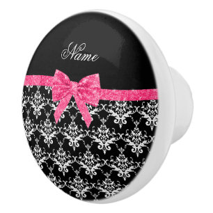Custom name black white damask pink glitter bow ceramic knob