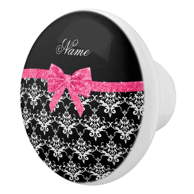 Custom name black white damask pink glitter bow ceramic knob (Right)
