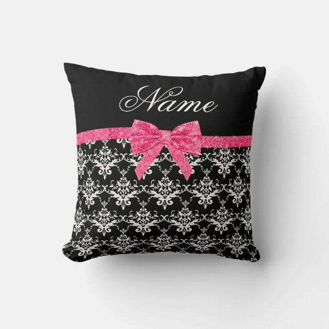 Custom name black white damask pink glitter bow cushion (Front)
