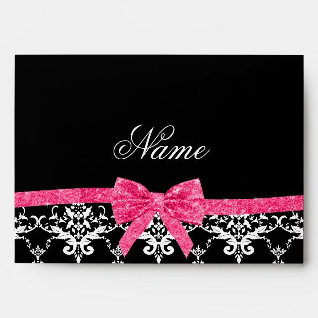 Custom name black white damask pink glitter bow envelope (Front)
