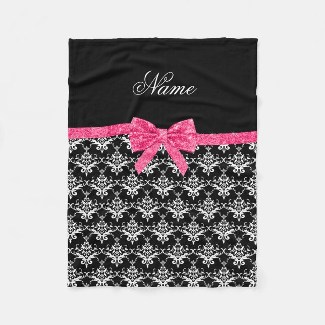 Custom name black white damask pink glitter bow fleece blanket (Front)