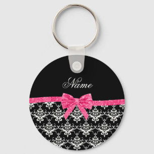 Custom name black white damask pink glitter bow key ring