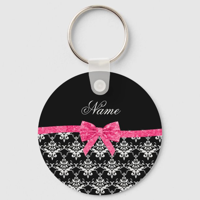 Custom name black white damask pink glitter bow key ring (Front)