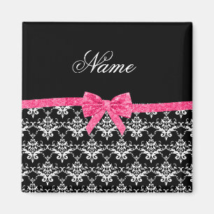 Custom name black white damask pink glitter bow magnet
