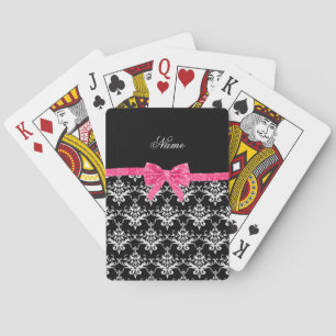 Custom name black white damask pink glitter bow playing cards