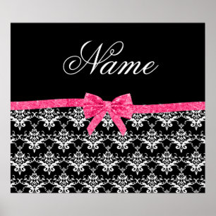 Custom name black white damask pink glitter bow poster