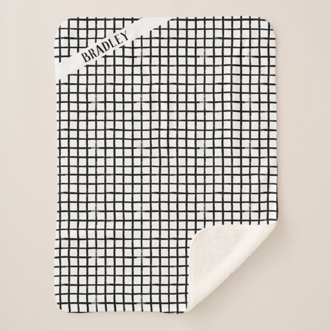 Custom Name Black & White Doodle Plaid Pattern Sherpa Blanket (Front)