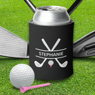 Custom Name Black White Pink Golf Can Cooler