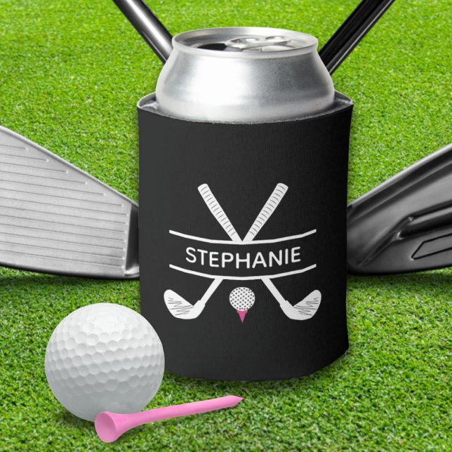 Custom Name Black White Pink Golf Can Cooler (Custom Name Black White Pink Golf Can Cooler)