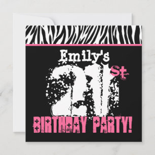 Custom Name Black White Pink Zebra 21st Birthday Invitation