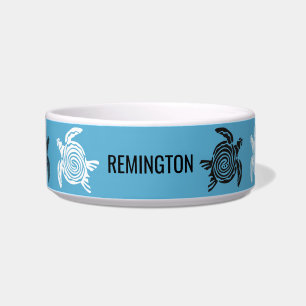 Custom Name Black White Tribal Sea Turtles Blue Bowl