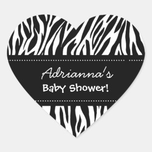 Custom Name Black White Zebra Baby Shower Heart Sticker
