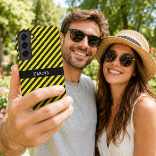 Custom Name Black Yellow Textured Diagonal Stripes Samsung Galaxy Case