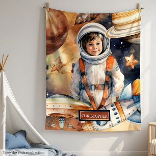 Custom Name Blanket Rocket Ship and Planet Print