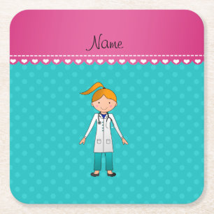 Custom name blonde girl doctor turquoise dots square paper coaster