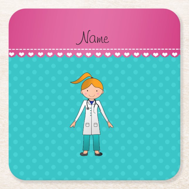 Custom name blonde girl doctor turquoise dots square paper coaster (Front)