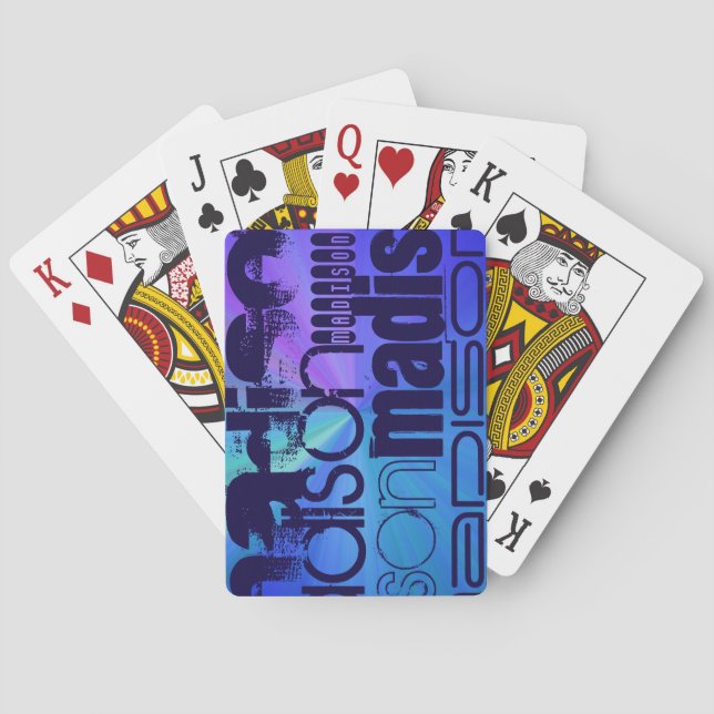 Custom Name; Blue & Abstract Purple, Green, Blue Playing Cards (Back)