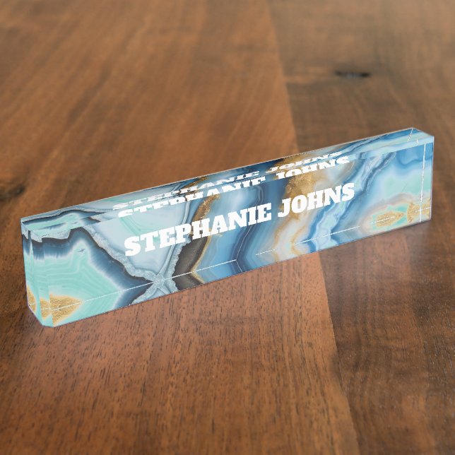 Custom Name Blue Agate Turquoise Gold Monogram Nameplate (Side)