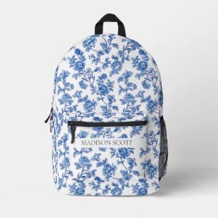 Custom Name Blue and White Floral Printed Backpack