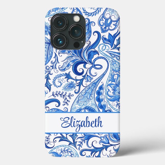Custom Name Blue and White Paisley Case-Mate iPhone Case (Back)