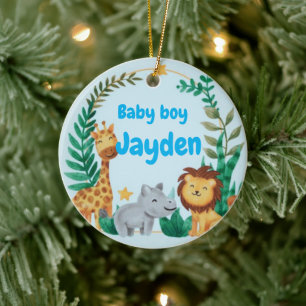 Custom name blue baby boy safari animal Christmas Ceramic Ornament